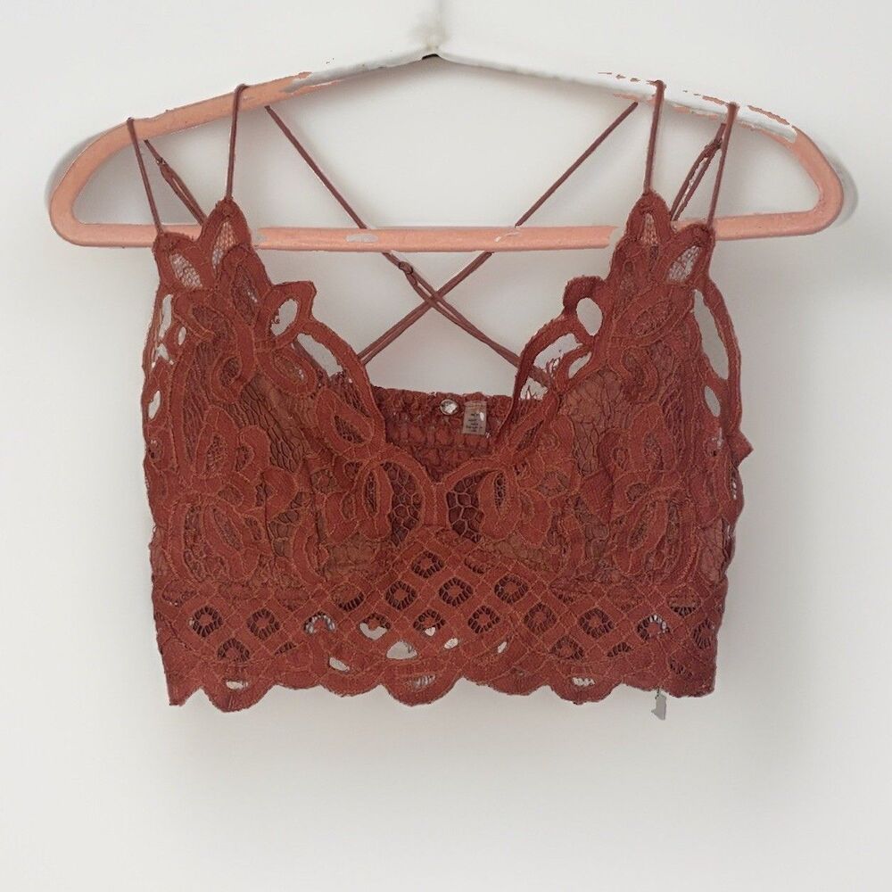 Free People FP Adella Bralette Women Lace Floral Crochet M Rust Festival Fairy
